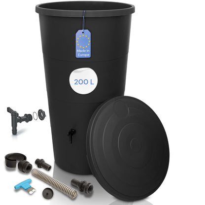 YourCasa Regentonne 200 L mit Wasserhahn und Anschlussset, Anthrazit – Regenwasserfass aus Kunststoff