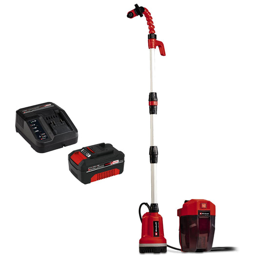 Einhell GE-PP 18 RB Li Akku-Regenfasspumpe – inkl. Akku/Lader, rot-schwarz, zylindrisch, fördert Regenwasser zur Gartenbewässerung.