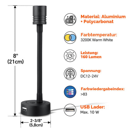 Obeaming LED Leselampe 12V-24V dimmbar, Wandlampe mit USB, 2 Stück