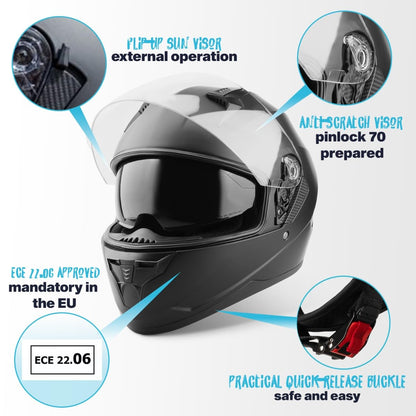 VINZ Kennet Integralhelm mit Sonnenblende, Motorradhelm ECE 22.06