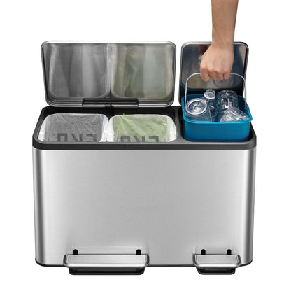 EKO Ecocasa Tretmülleimer 3x15L, 3 Fächer, Edelstahl Matt