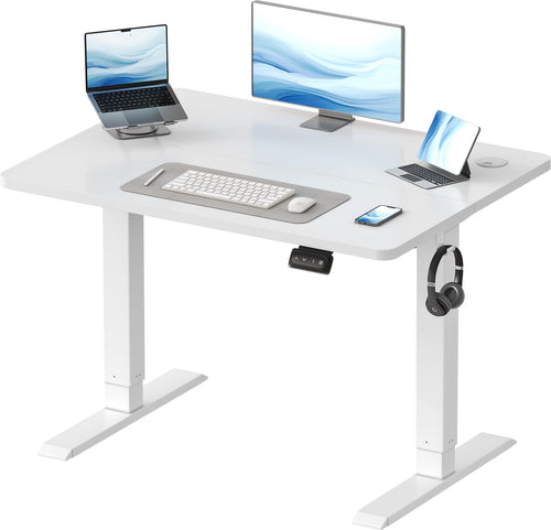 Devoko Elektrischer Steh-Sitz Schreibtisch – 100x60cm Weiss. Rechteckiger, weisser Tisch mit elektrisch höhenverstellbarem Gestell für ergonomisches Arbeiten.