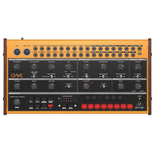 Behringer CRAVE Semi-Modular Analog Desktop Synthesizer. Rechteckiges, schwarzes Gerät mit Reglern und Patch-Punkten zur analogen Klangerzeugung.