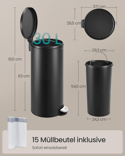 SONGMICS Tretmülleimer 30 L, Stahl, Softclose-Deckel, tintenschwarz