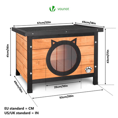 VOUNOT Katzenhaus aus Holz, wetterfest, Katzenohren-Design, 57x45x43cm