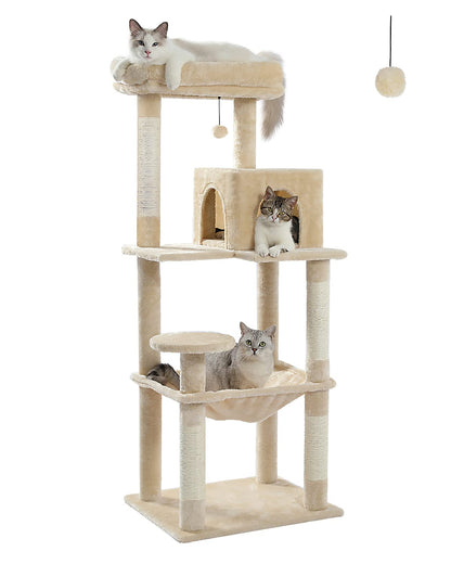PAWZ Road Katzenbaum Kratzbaum Kondohaus m. Hängematte – Beige 143cm. Mehrstufige Kratz- und Ruhegelegenheit für Katzen.