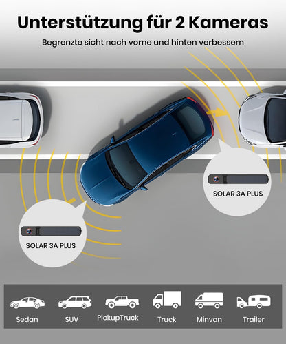 AUTO-VOX Solar3A Plus kabellose Solar-Rückfahrkamera, 7,2 Zoll DVR