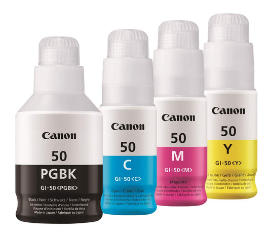 Canon Original GI-50 Multipack Nachfülltinte für PIXMA G-Serie: Vier CMYK-Tintenflaschen zum Auffüllen von PIXMA G-Druckertanks.