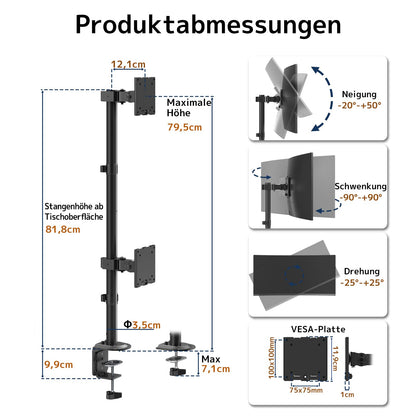 PROFIX Monitor Halterung Vertikal 2 Bildschirme 17-49 Zoll, Schwarz