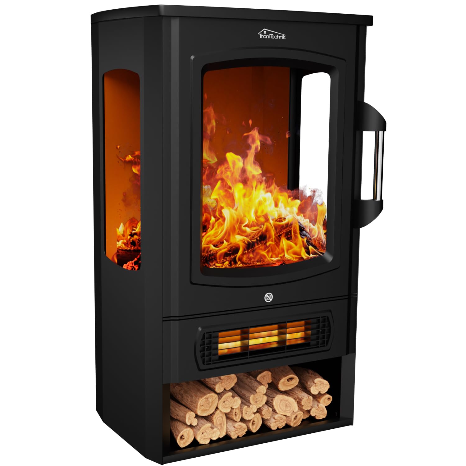 Tronitechnik® Panorama Elektrokamin - LED Flammen 1/2kW. Schwarzer, rechteckiger Elektrokamin erzeugt LED-Flammen und Wärmeabgabe 1kW/2kW.