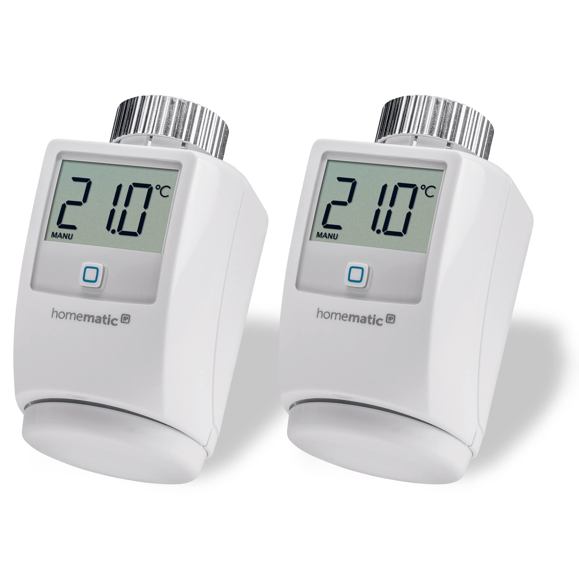 Homematic IP digitaler Heizkörperthermostat - 2er-Set 140280A0: Weiße, kompakte Geräte mit Display für automatische Raumtemperaturregelung.