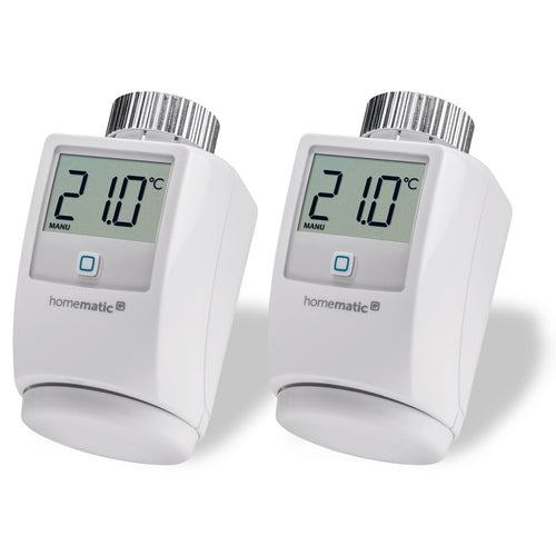 Homematic IP digitaler Heizkörperthermostat - 2er-Set 140280A0: Weiße, kompakte Geräte mit Display für automatische Raumtemperaturregelung.