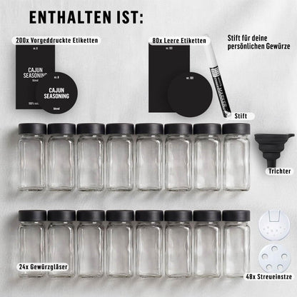 Deco haus Gewürzgläser Set eckig, luftdicht, 24 Stück mit Etiketten