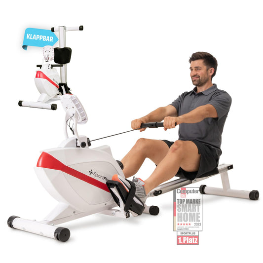 SportPlus Rudergerät Heimtrainer, schwarz, mit langer Laufschiene. Ermöglicht Ganzkörper-Cardiotraining zu Hause.