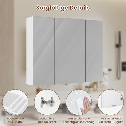 DICTAC Spiegelschrank Bad 3 Türen Wandschrank – 70x60x16cm Weiss