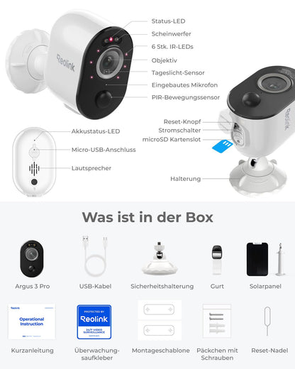 Reolink Argus 3 Pro 2K Überwachungskamera Aussen mit Solarpanel