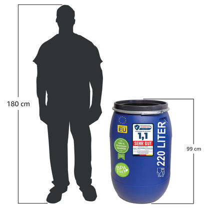 plasteo Weithalsfass 220 Liter mit Spannring - Lebensmittelecht Blau