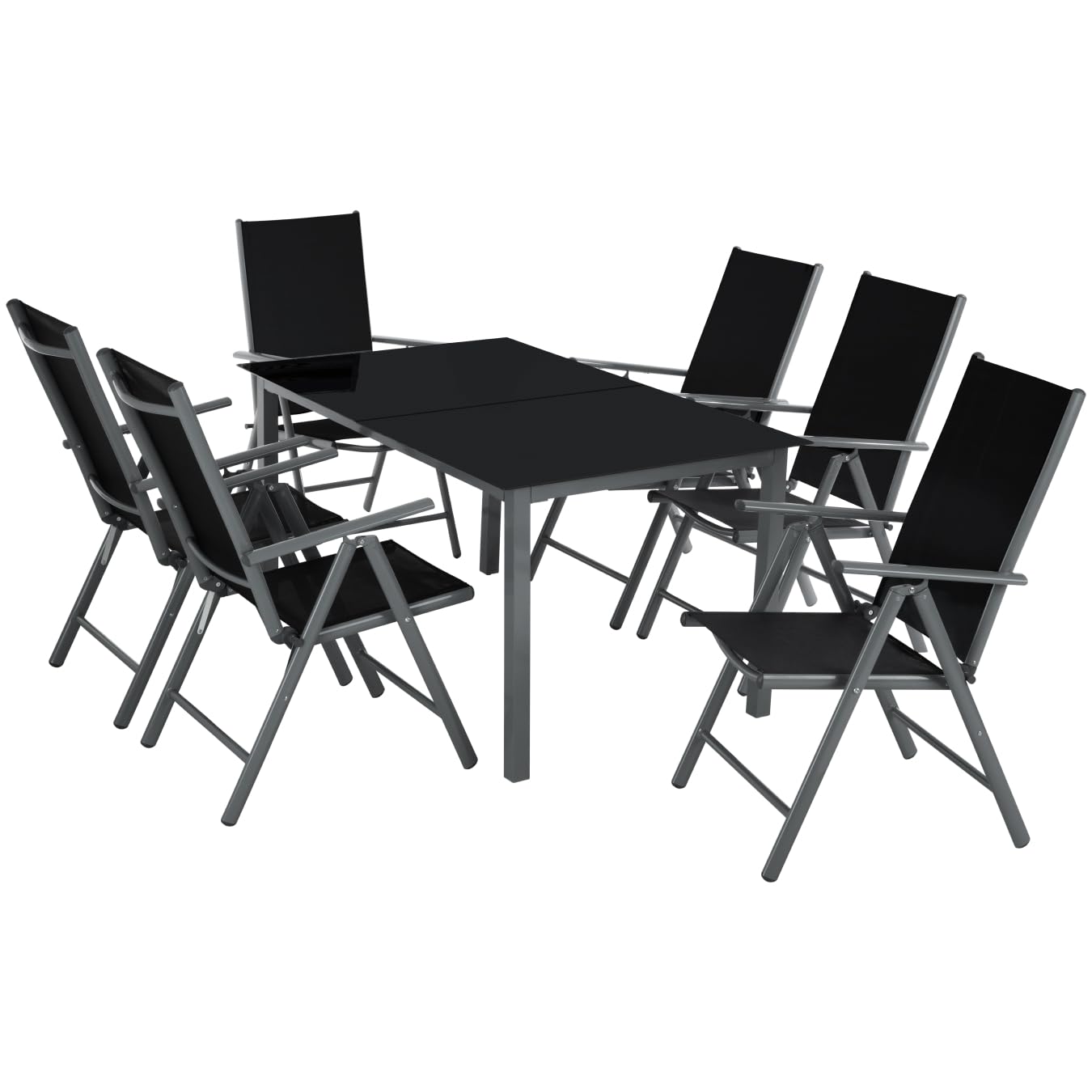 tectake Sitzgruppe Aluminium 6 Klappstühle & Glastisch anthrazit für Balkon, Terrasse und Garten
