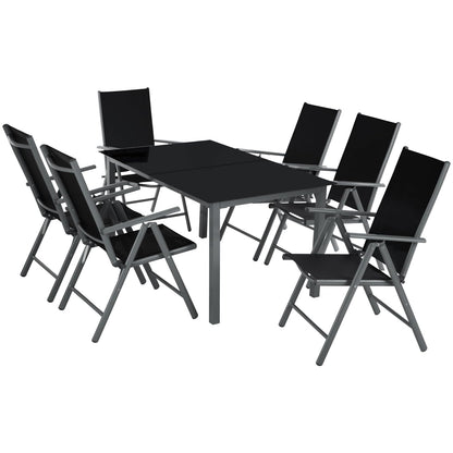 tectake Sitzgruppe Aluminium 6 Klappstühle & Glastisch anthrazit für Balkon, Terrasse und Garten