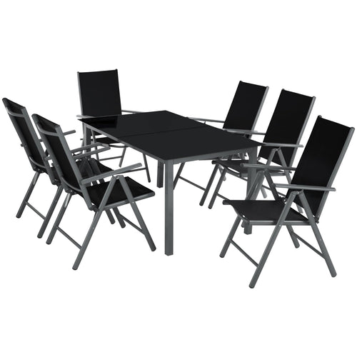 tectake Sitzgruppe Aluminium 6 Klappstühle & Glastisch anthrazit für Balkon, Terrasse und Garten