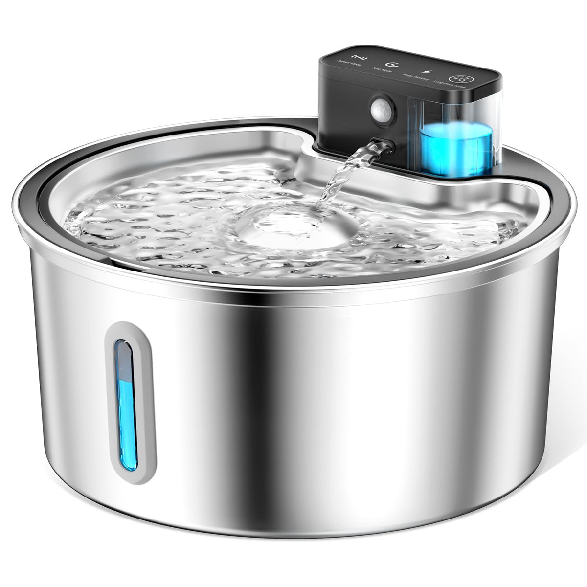PawPoll Katzenbrunnen kabellos PW-D03, Edelstahl Trinkbrunnen 3,2 L, mit Bewegungsmelder und LED-Wasserstandsfenster