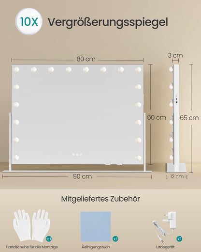SONGMICS Schminkspiegel mit Beleuchtung, 18 LED, 80 x 60 cm, weiss