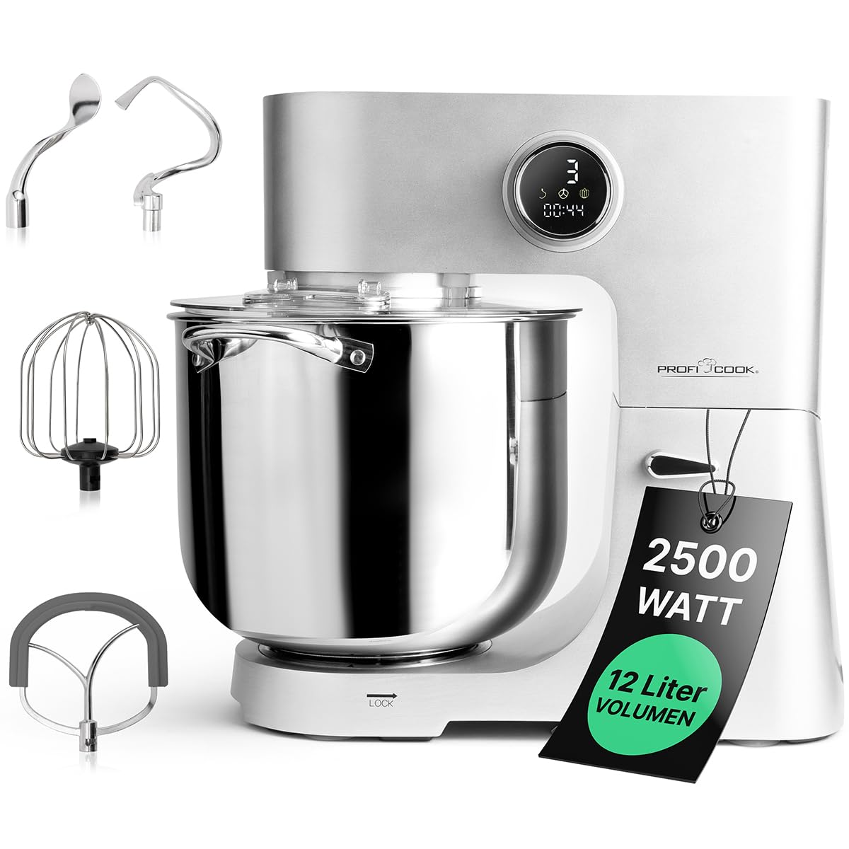 ProfiCook Küchenmaschine PC KM 1254 – 12L Schüssel 2500W. Robuste Edelstahlmaschine mit 12L Schüssel. Knetet, rührt, schlägt Teige effizient.