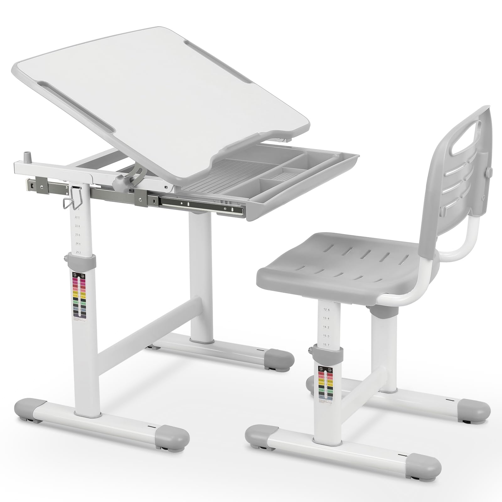MAMIZO Kinderschreibtisch Stuhl Set Höhenverstellbar – Grau. Graues, höhenverstellbares Set für ergonomisches Lernen.