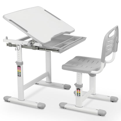 MAMIZO Kinderschreibtisch Stuhl Set Höhenverstellbar – Grau. Graues, höhenverstellbares Set für ergonomisches Lernen.
