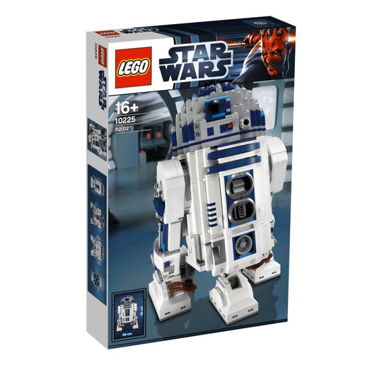 LEGO Star Wars R2-D2 Sammler Droid Modell Bausatz 10225: Weiß-blauer zylindrischer Droide mit Kuppelkopf zum Zusammenbauen und Ausstellen.