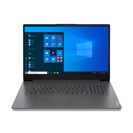 Lenovo V17 Notebook - U300, 17.3" FHD, 24GB RAM, 1TB SSD. Aufgeschlagenes, graues Notebook für professionelle Aufgaben.