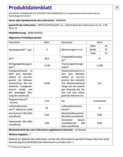 AIRMSEN Mini Tischgeschirrspüler – Wassertank Ultra-Schmal Weiss