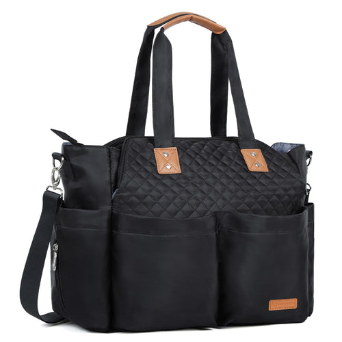 Lekebaby Wickeltasche gross mit Wickelunterlage, 19 Fächer, Schwarz – gesteppt, mit Henkeln und Schultergurt