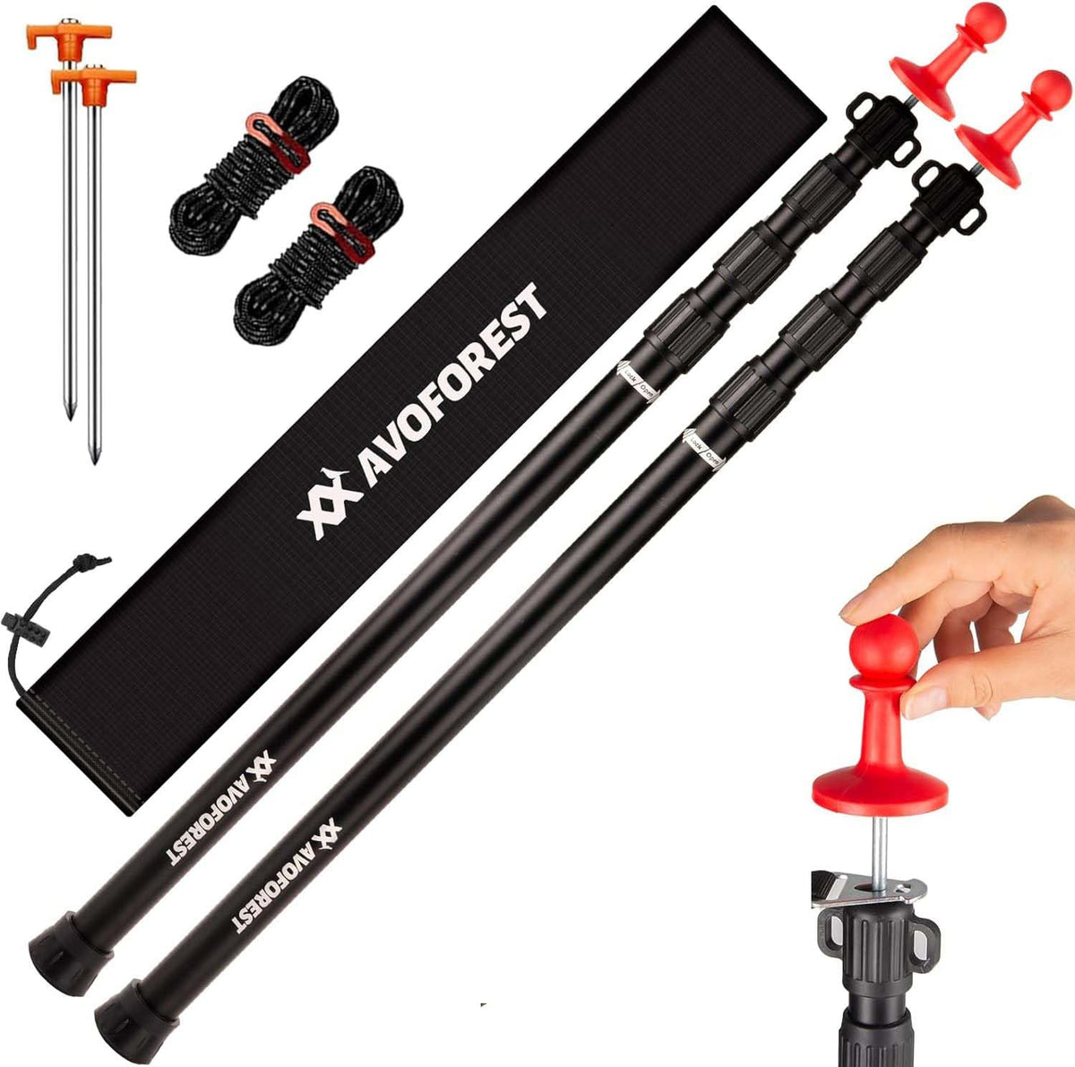 AVOFOREST Teleskop-Zeltstangen Aluminium, 88–265 cm, schwarz, 2er-Set mit roter Silikonkappe