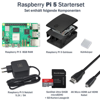 Raspberry Pi 5 8GB Starter-Kit mit Gehäuse, Lüfter & Netzteil