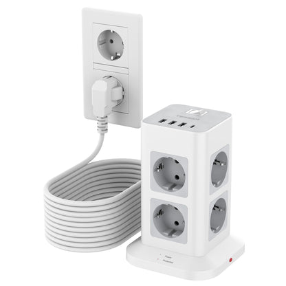 TESSAN Steckdosenturm 8-fach, USB-C, Überspannungsschutz, 10 m Kabel, Turmform in Grau