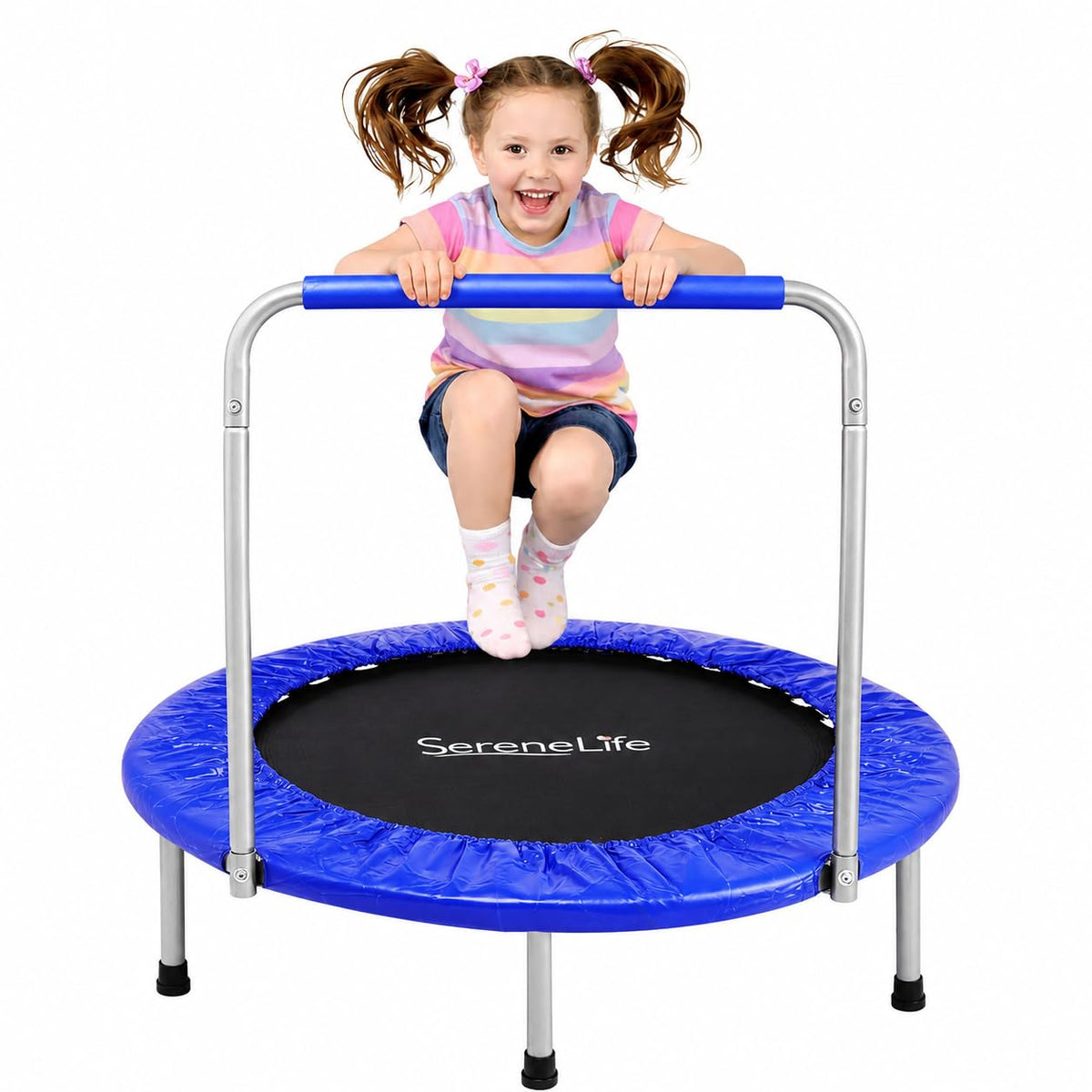 SereneLife Kindertrampolin SLELT367 klappbar, Ø 91 cm, himmelblau mit gepolstertem Haltegriff