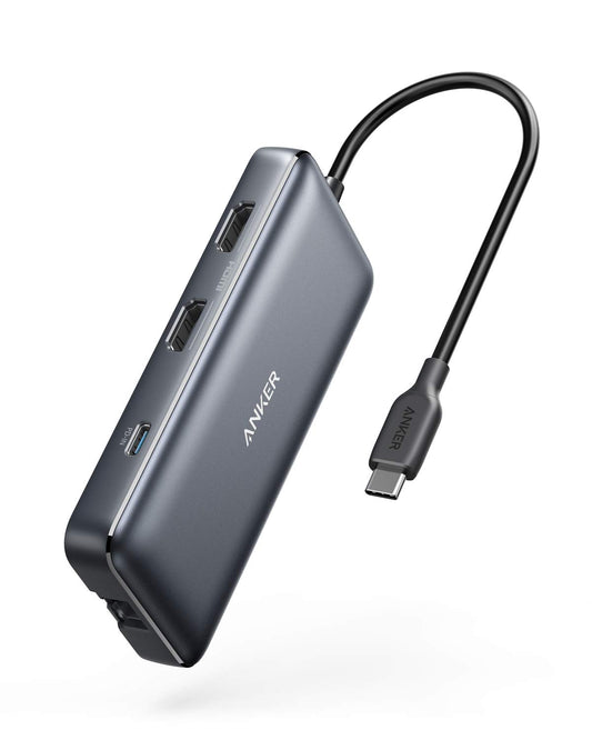 Anker USBC Hub 8-in-1 Dock – Dual 4K HDMI, 100W PD, Ethernet. Graues, rechteckiges Dock zum Erweitern von USB-C Geräten.