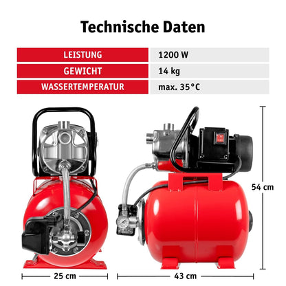 WALTER Edelstahl-Hauswasserwerk 1200 W, 3.800 l/h, 19 l Druckbehälter