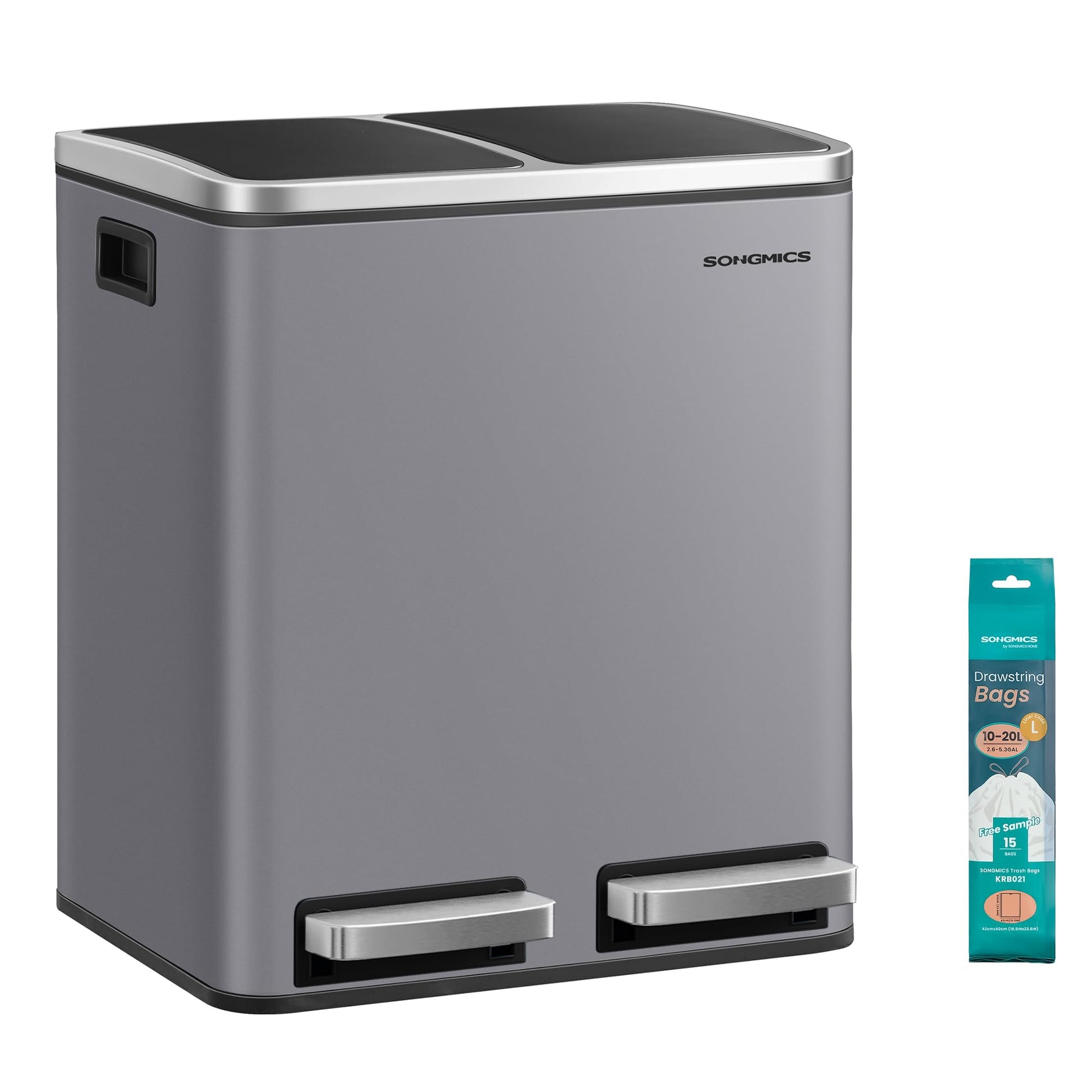 SONGMICS Mülleimer Küche 2 x 15 Liter Mülltrennsystem Softclose-Deckel, Treteimer aus Stahl, mattgrau