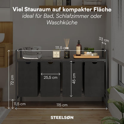 Steelsøn Rigil Wäschesammler 4 Fächer – Metall, Schwarz mit Ablage