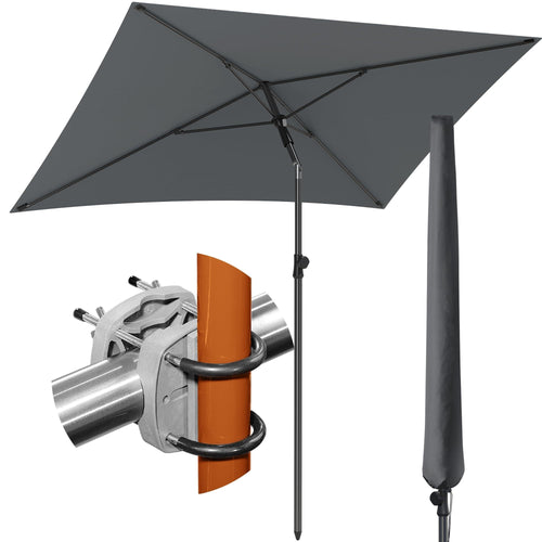 Menz Sonnenschirm Balkon Set 3-in-1 Anthrazit UPF 50+ 200 x 125 cm, rechteckiger Schirm mit Geländerhalterung