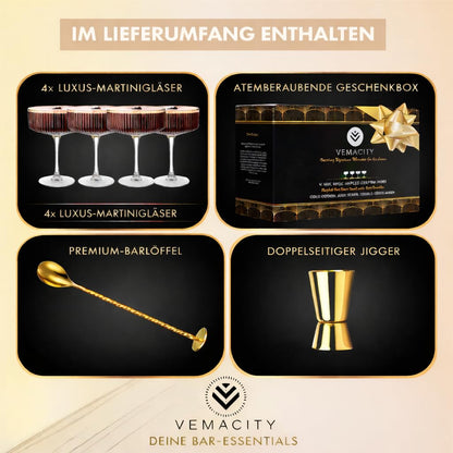 Vemacity Martini Gläser Set mit Goldrand, geripptes Glas, 300 ml