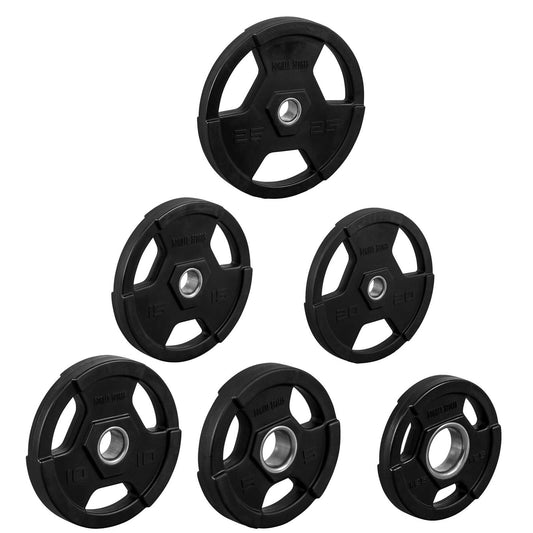 GORILLA SPORTS Olympia Hantelscheibe – 10kg Tri-Grip 50mm. Schwarze, runde Tri-Grip Scheibe für Langhanteltraining.