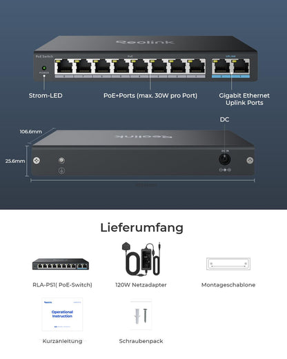 Reolink 8 Port PoE Switch unmanaged 120W mit 2 Gigabit Uplink – RLA-PS1