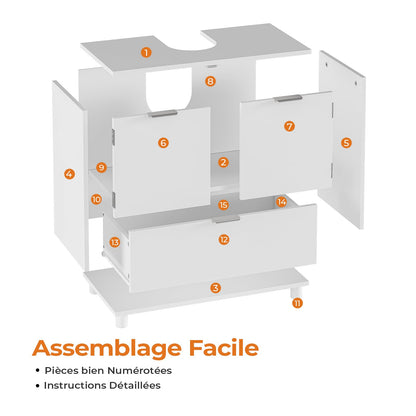 FORABAMB Waschbeckenunterschrank mit 2 Türen, Schublade, weiss, 60 cm