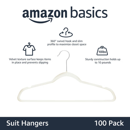 Amazon Basics Samt-Kleiderbügel, rutschfest, 100er-Pack, Elfenbein