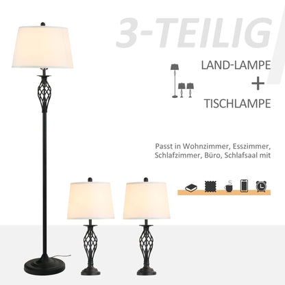 HOMCOM 3er Lampen Set Vintage – 2 Tisch-, 1 Stehlampe Schwarz Weiss