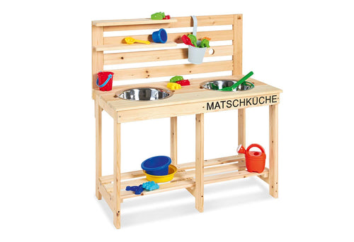 PINOLINO Matschküche Paul 221011 – unbehandeltes Holz. Eine Kinderküche mit Spülbecken zum Spielen mit Matsch und Wasser im Freien.