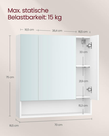 VASAGLE Kailyn Bad Spiegelschrank 3 Türen – Wolkenweiss BBK129W01